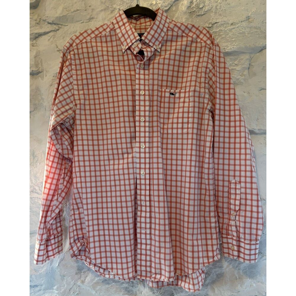 Vineyard Vines Coral Gingham Tucker Shirt 100% Cotton men's Medium